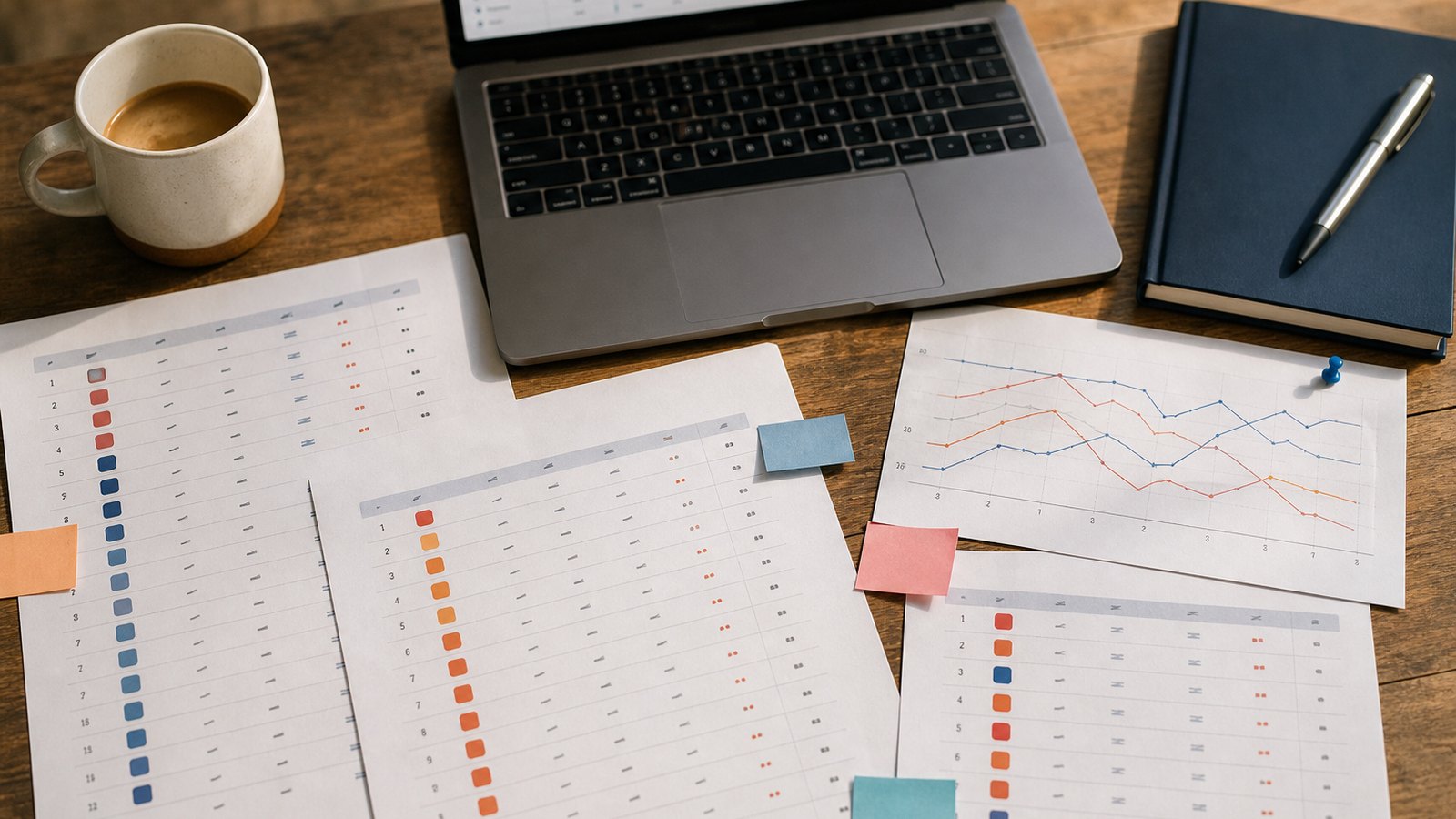 A desk with printed App Store ranking sheets, sticky notes and a laptop open to a keyword tracker