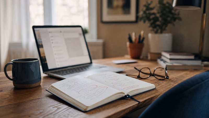 A laptop showing a list of App Store reviews next to a notebook circling recurring phrases